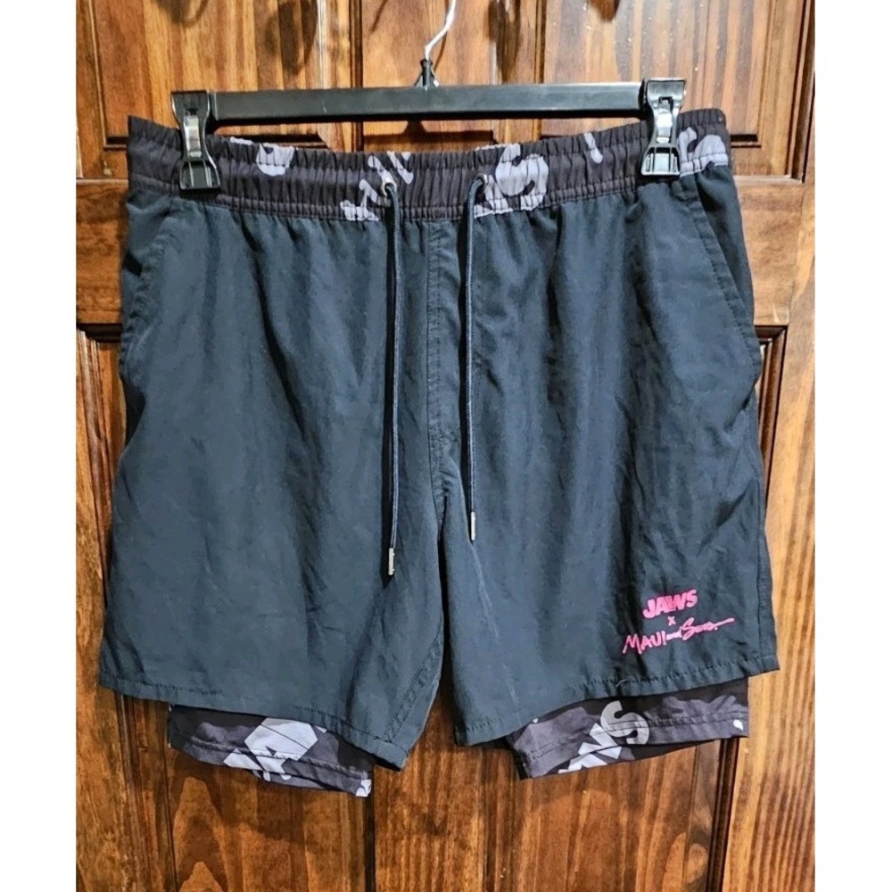 Maui And Sons X Jaws Swim Trunks Shorts Liners Mens XL Black Drawstring